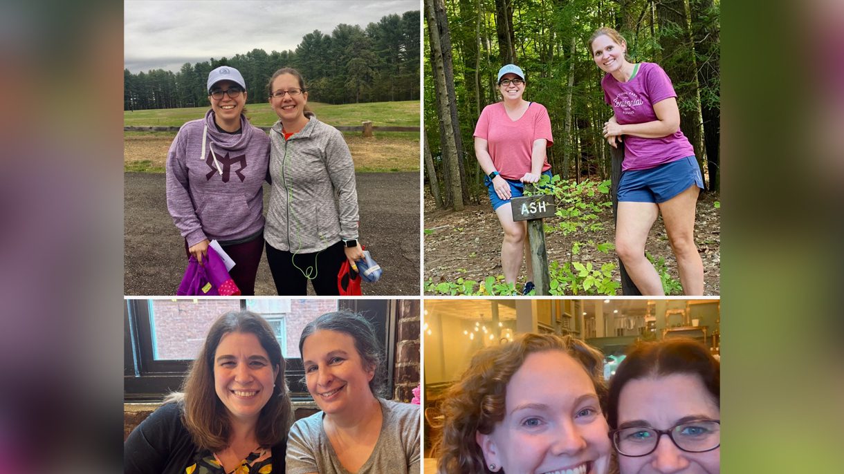 A collage of four photos. Each photo has two women smiling at the camera.