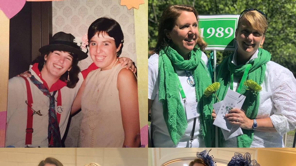 A collage of four photos showing two women at various points in their lives and friendship, including one of them as college students.