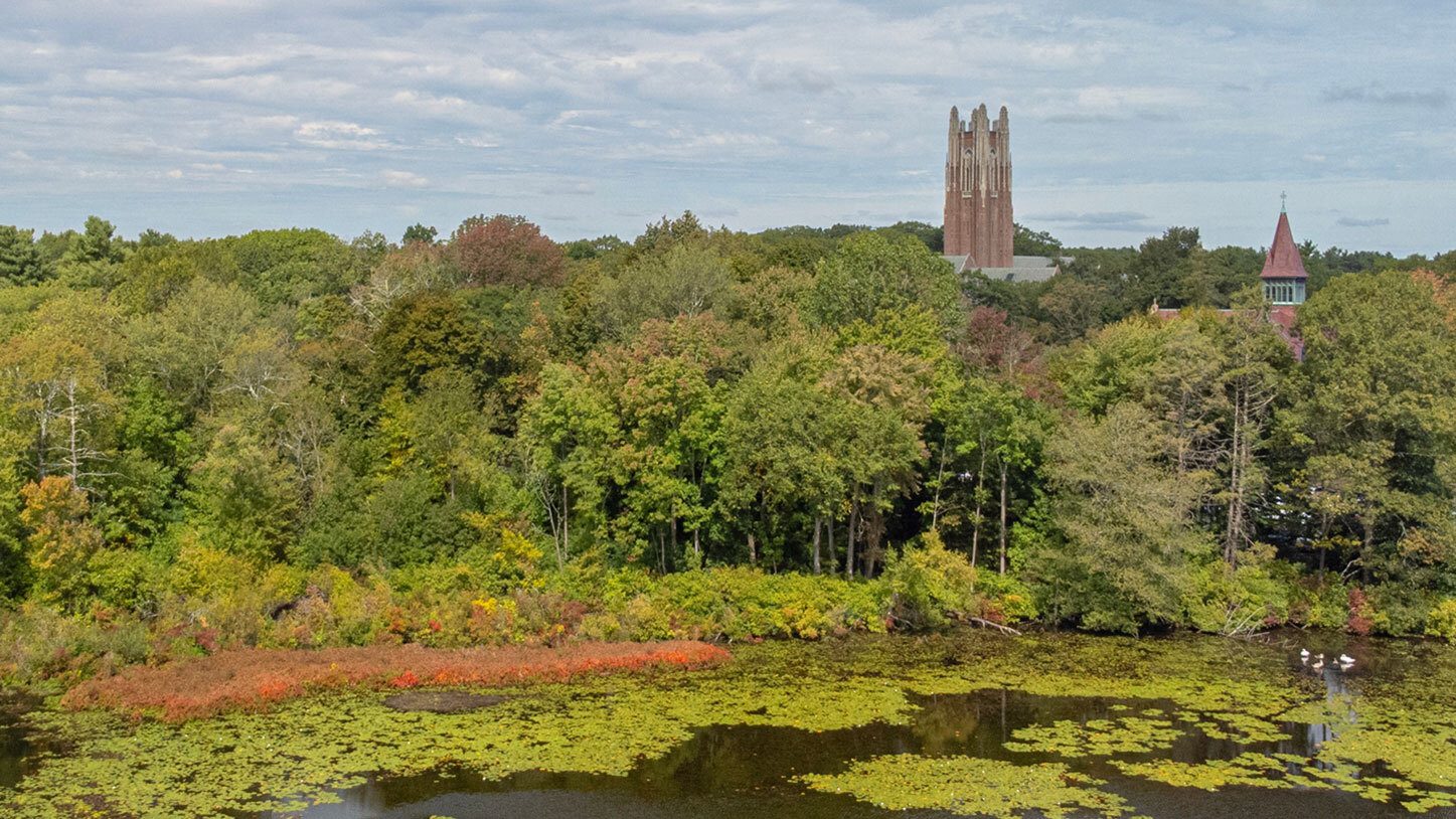 Galen Stone Tower as seen through the trees from the lake