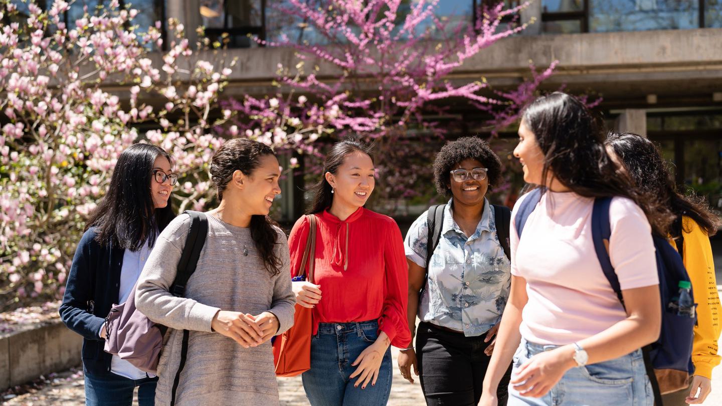 A group of students walks together while talking and laughing with one another.