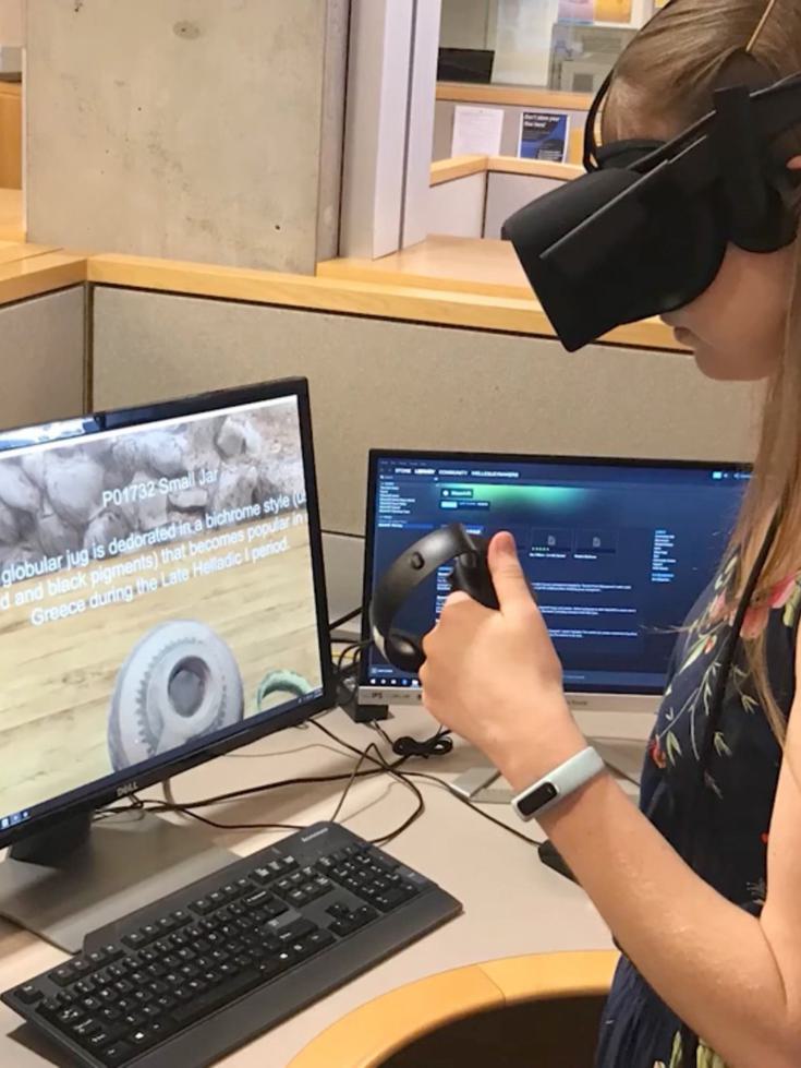 Computer screen displays what a student wearing a VR headset sees