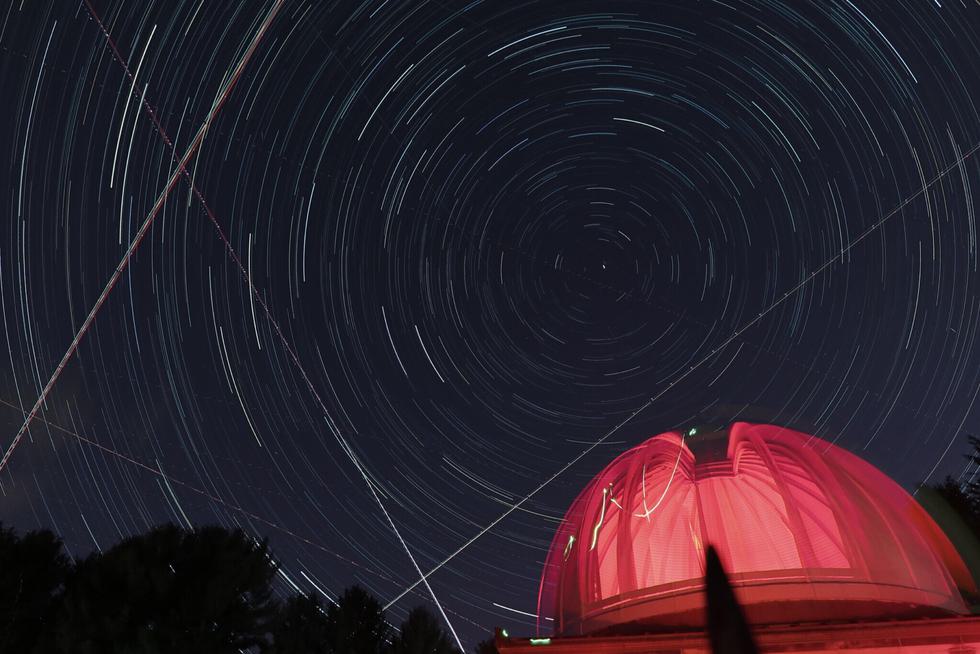 Long-exposure shot of the night sky above Whitin Observatory.