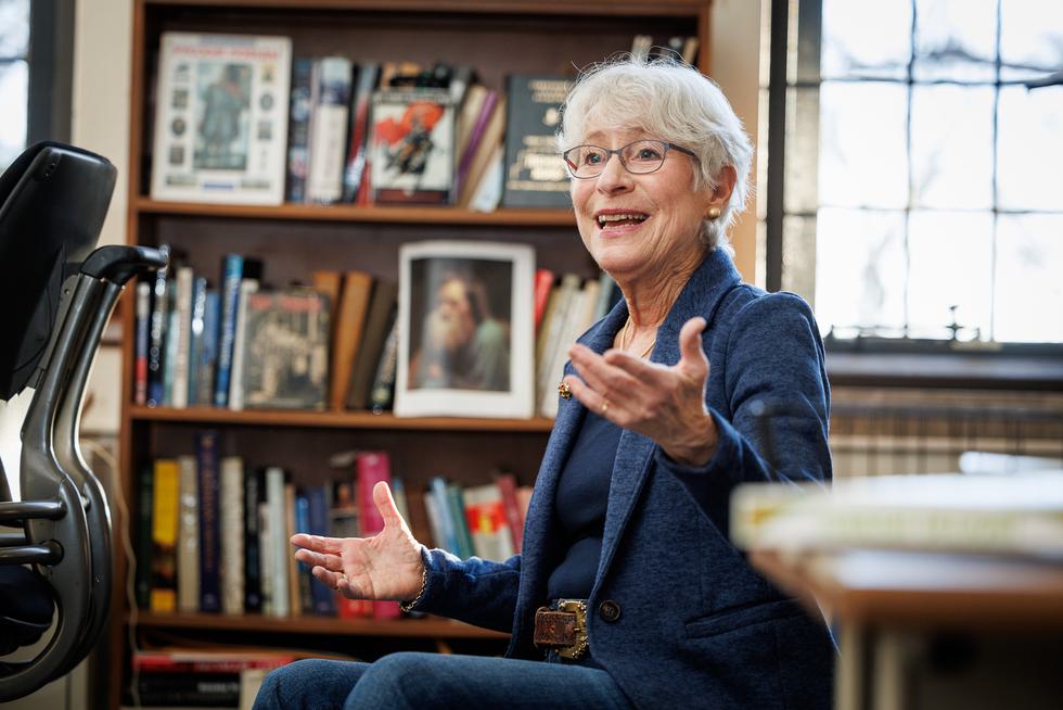 Professor Nina Tumarkin gestures while talking.