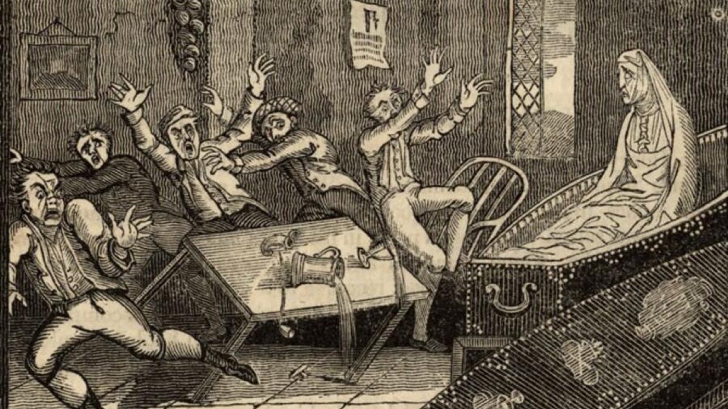Etching depicting Maggie rising out of her coffin with several frightened men tipping over a table