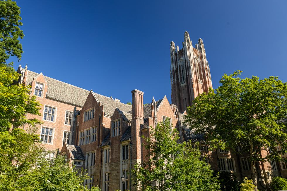 Founders Hall and Galen Stone Tower with a blue sky