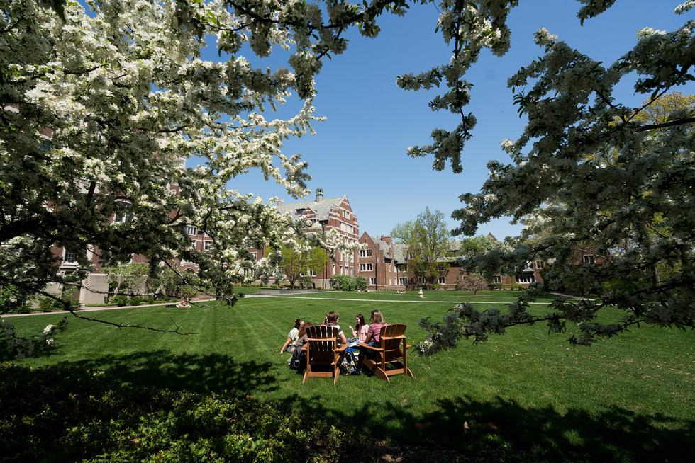 students on a quad with flowers in spring