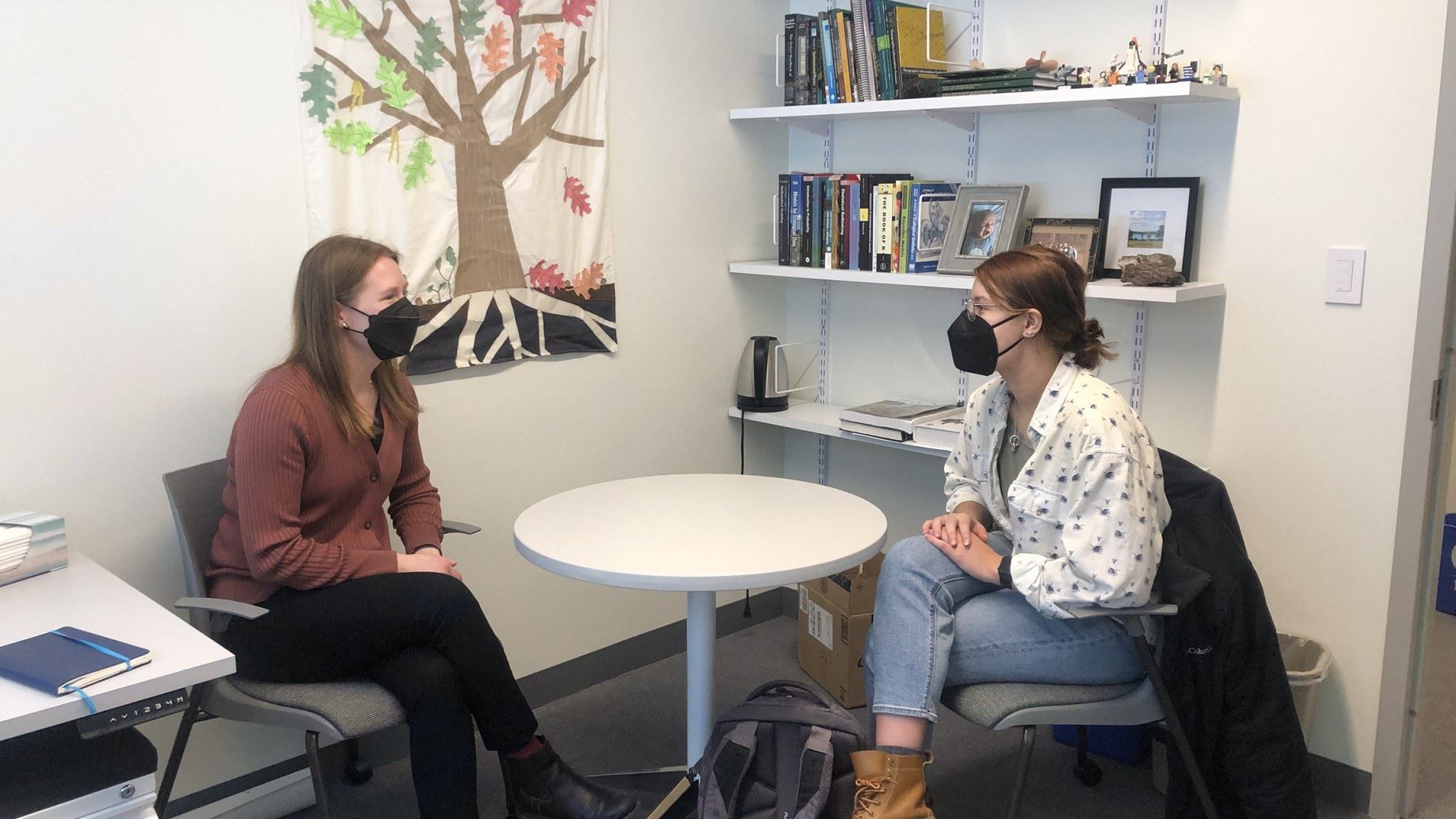Student and professor in an office talking