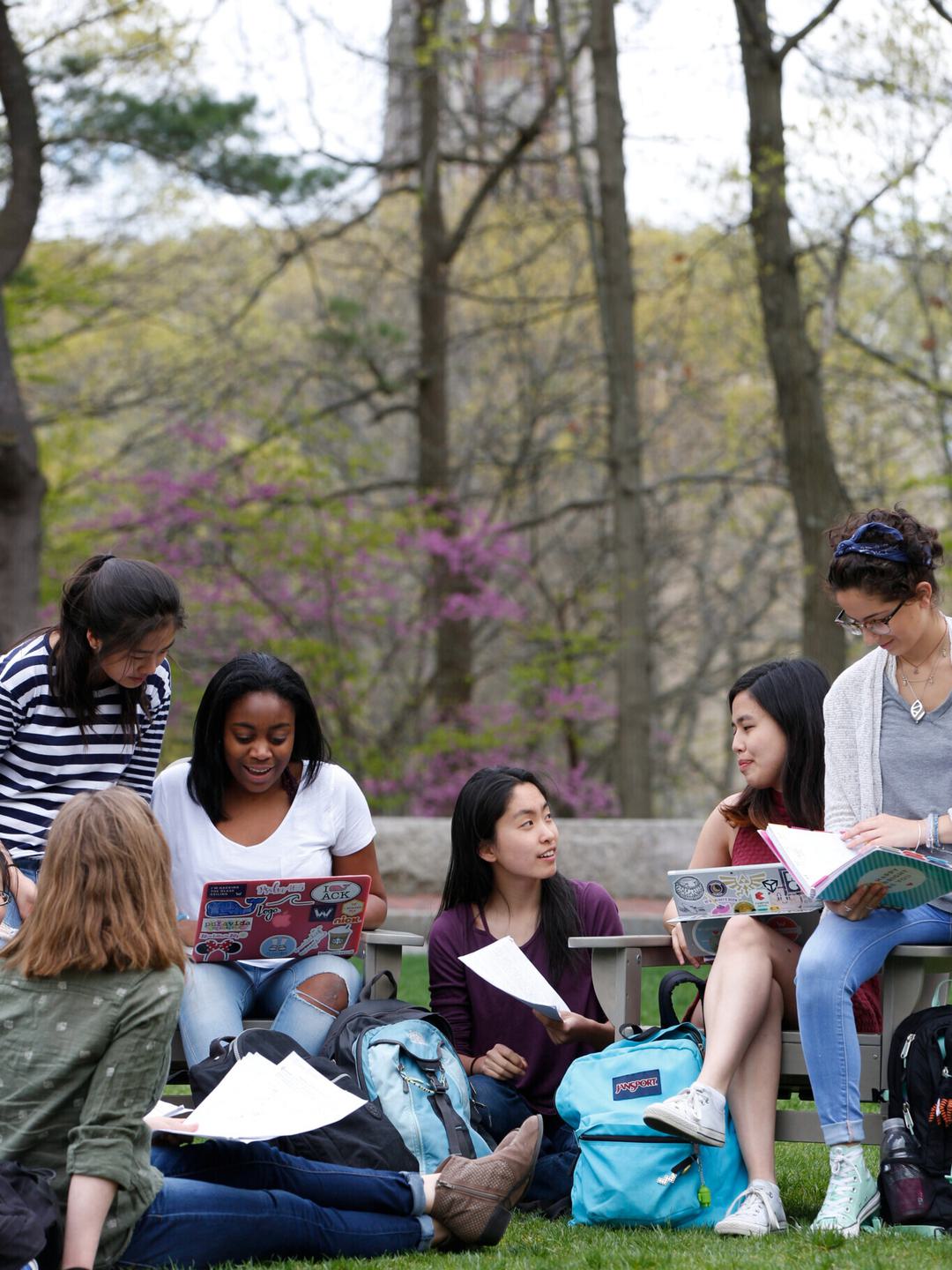 A group of six students sitting on the grass with books and computers with the Wellesley tower in the background.