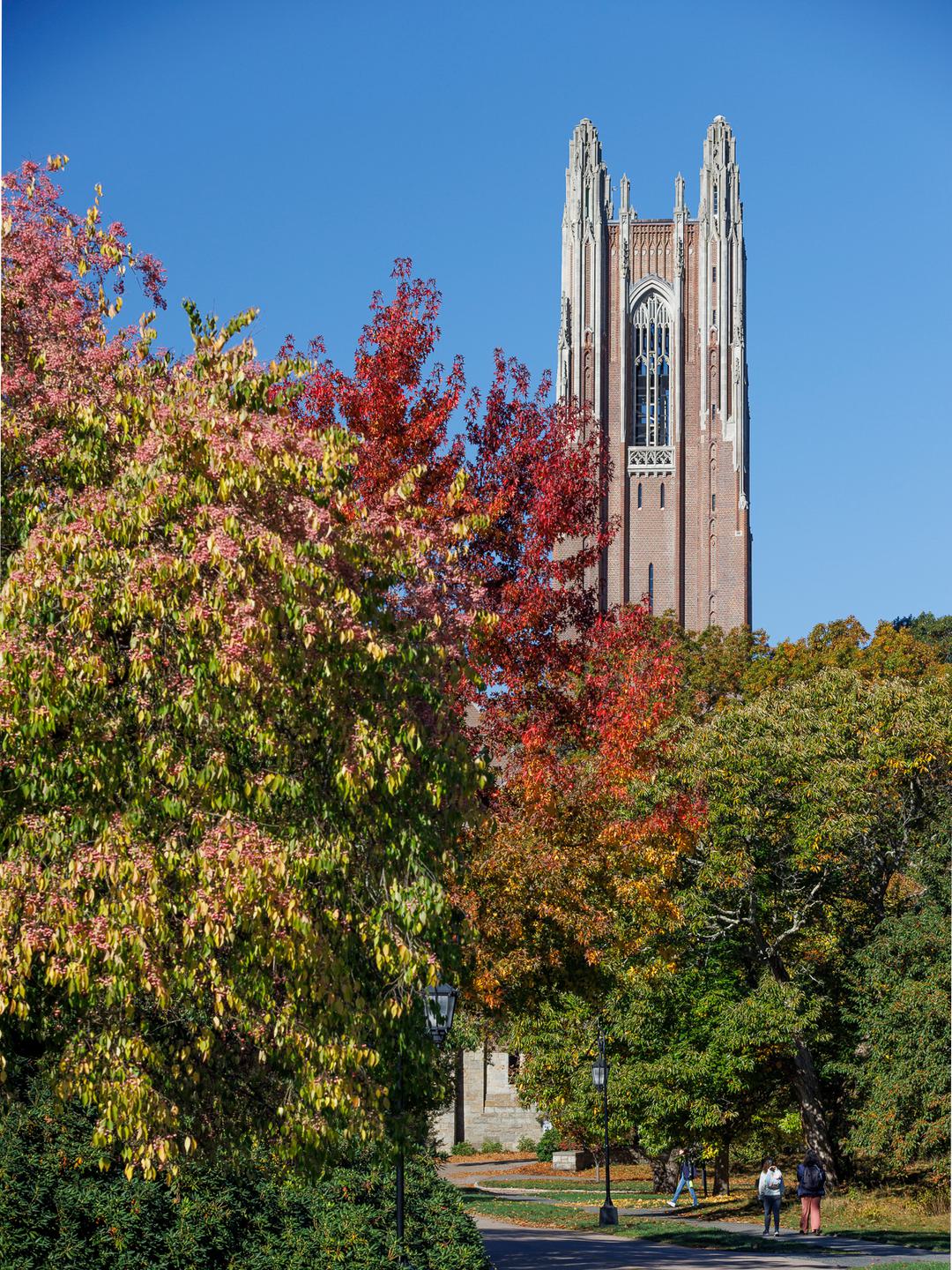 Galen Stone Tower with yellow and red autumn leaves on the trees.