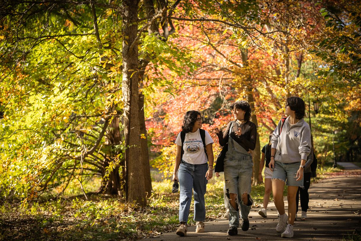 Three friends walking along a path surrounded by trees in the height of fall.