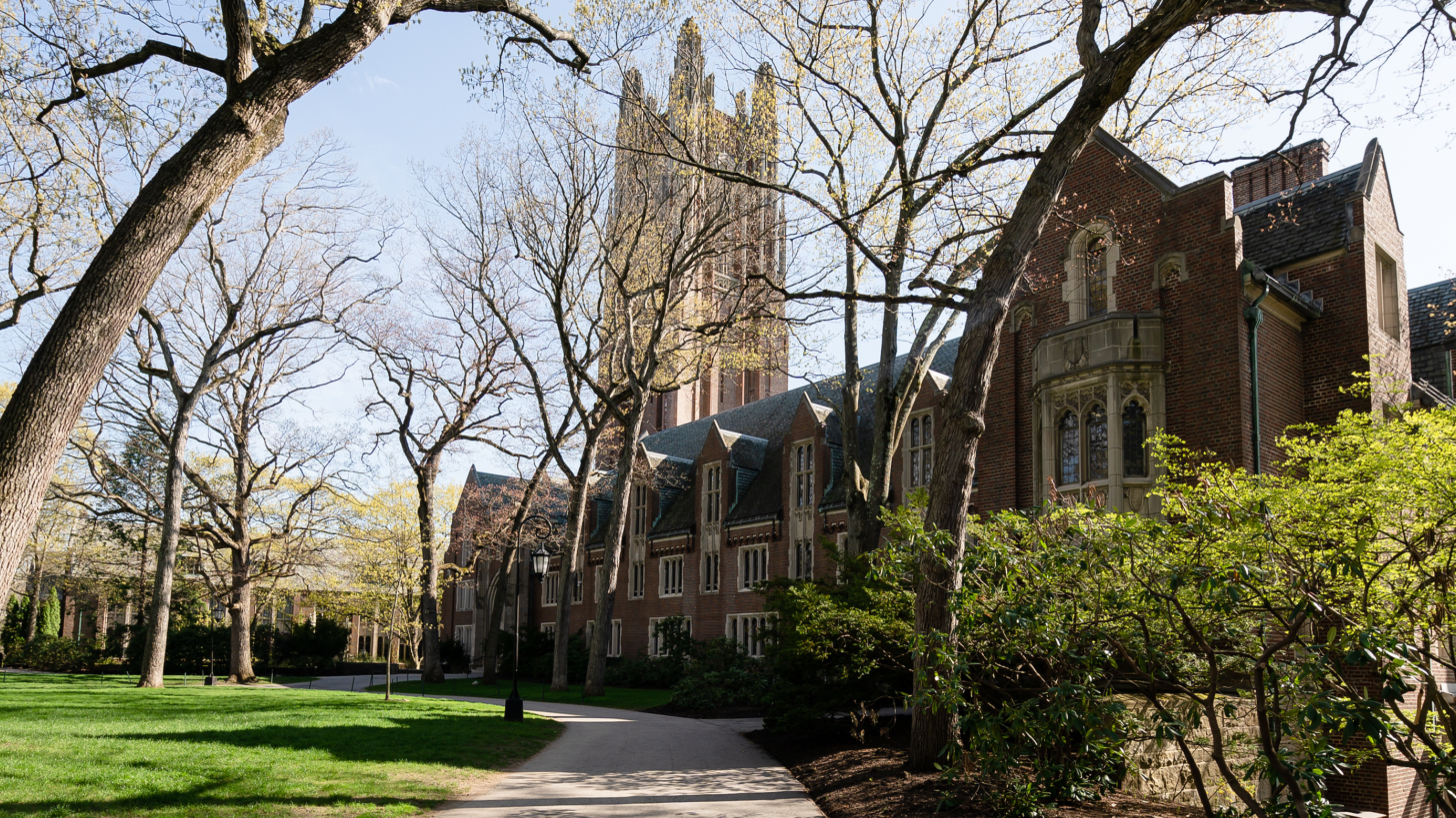 Wide lens shot of the Academic Quad at Wellesley College with a focus on Green and Founder Halls.
