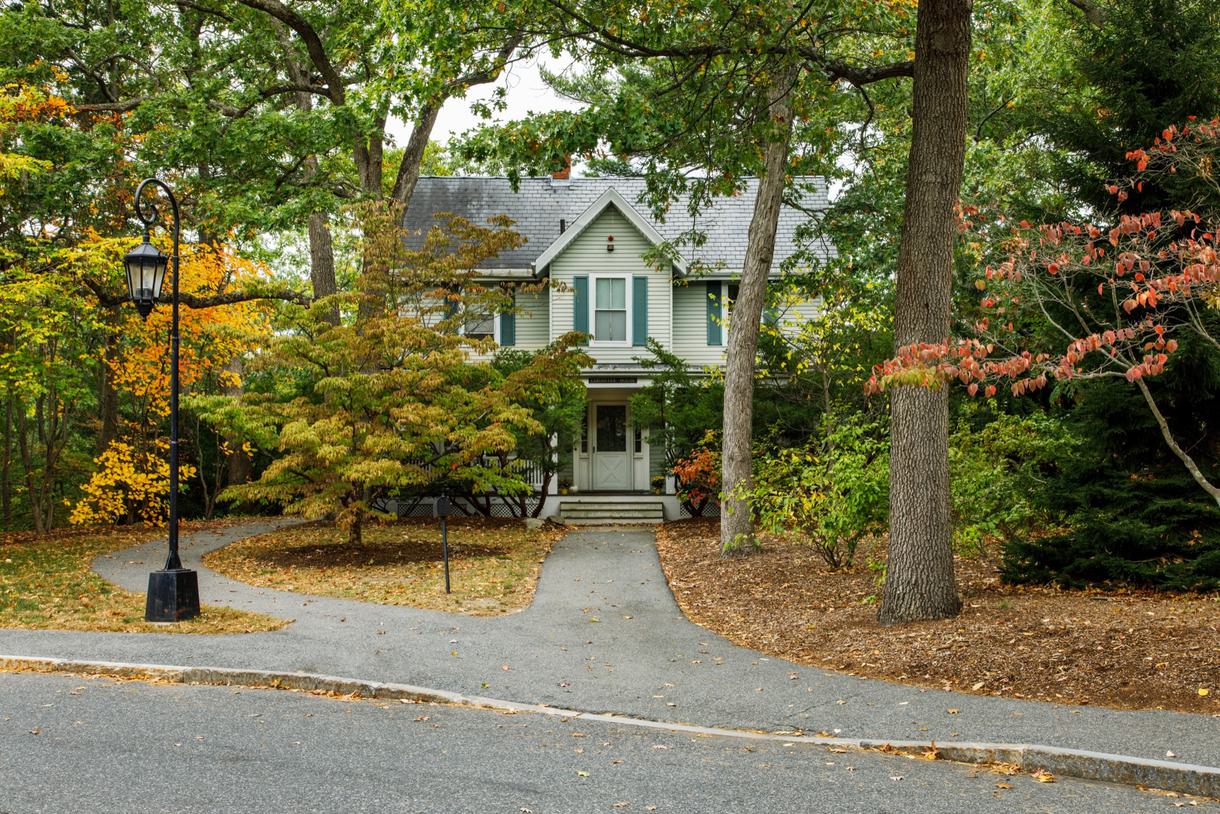 A light green house with dark green window shades is shadowed by colorful autumn leaves. There is a paved road and a lamppost in the foreground.