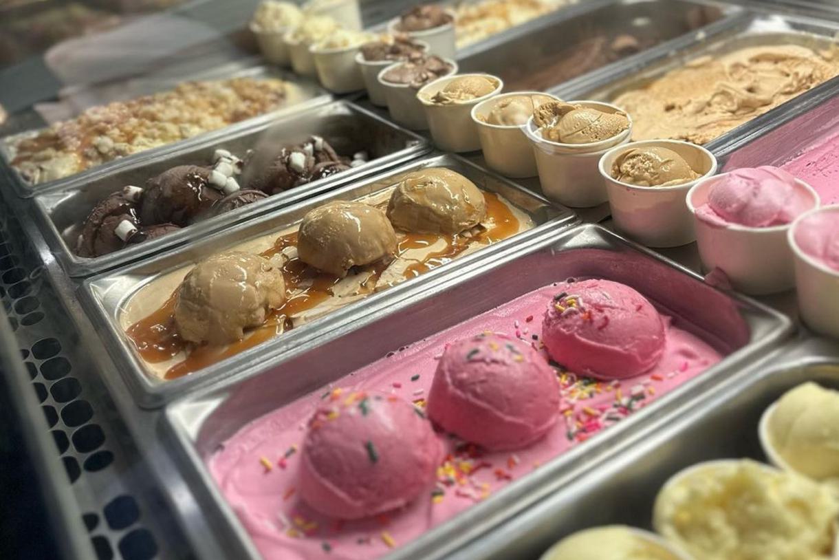 A colorful display of gelato options.