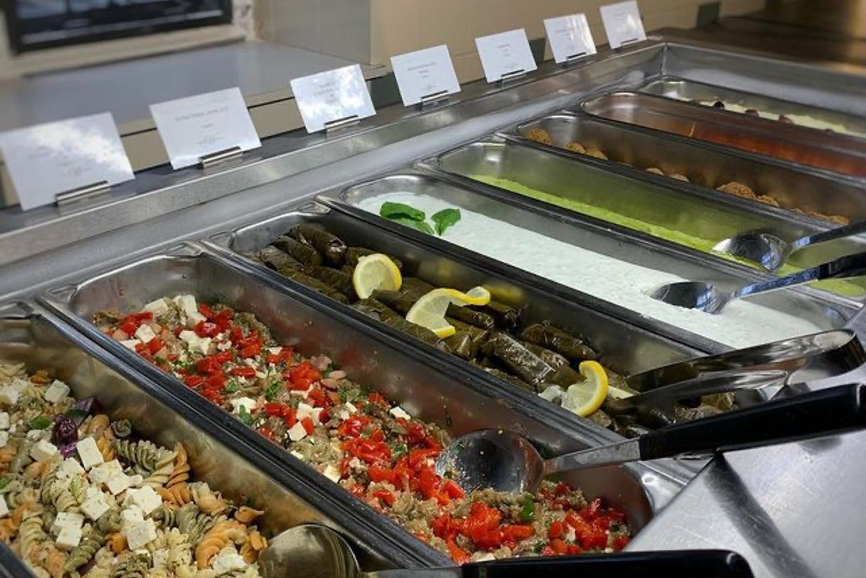 Display of pasta salads, stuffed grape leaves, and dips and spreads.