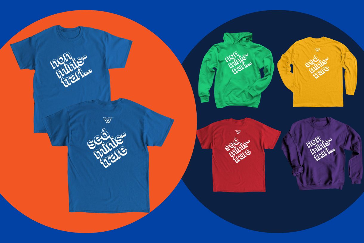 blue, yellow, red, and purple t-shirts with non ministrari... on the front and sed ministrare on the back