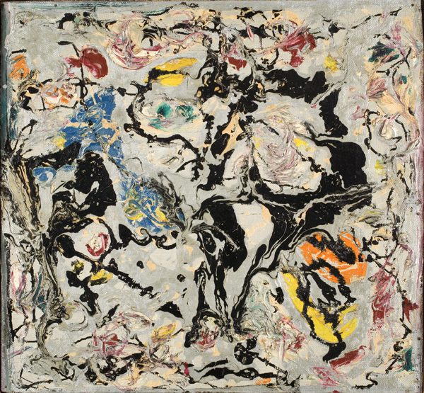 Oil, enamel, and aluminum paint on canvas mounted on composition board