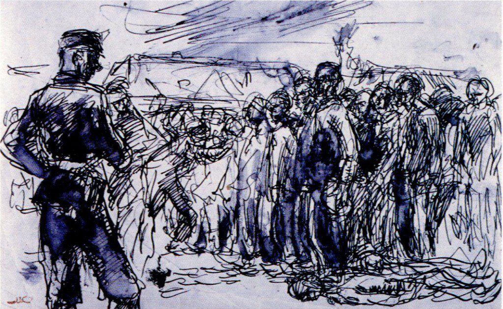 A blue and black ink drawing of a military soldier performing roll call is scrawled on cardboard