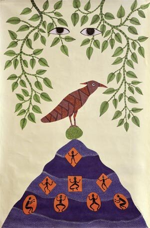Gond tribal artist Venkat Raman Singh Shyam, Death and the Woodpecker, 2002. Acrylic on canvas, 30¼" x 45¾.