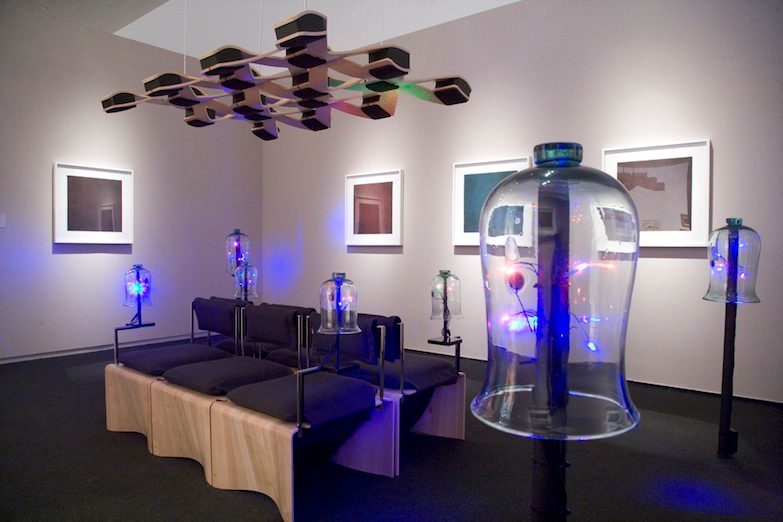 Jenny Olivia Johnson, Glass Heart (bells for Sylvia Plath), 2013 Installation with glass bell jars, audio, and LED lights