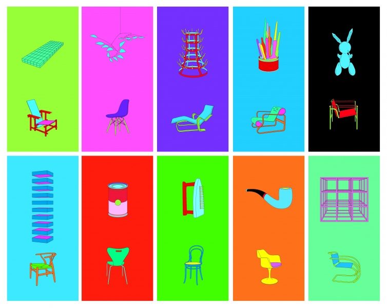 Colorful neon illustrations of every day objects like chairs, an iron, a pipe, a can