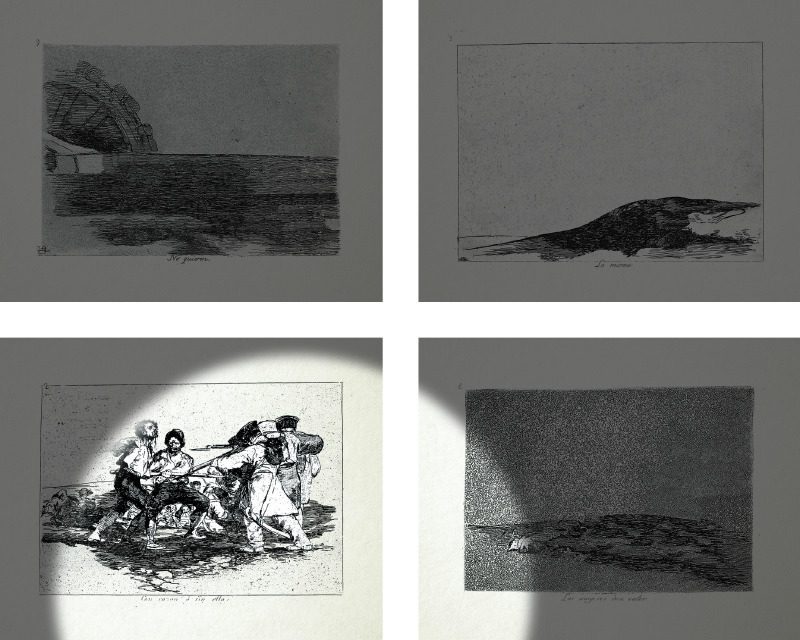 Four frames depict a separate illustration with a spotlight on the lower left frame of a battle scene