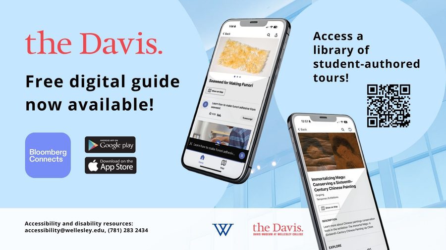 Graphic that shows screens of cell phones showing art in the museum. Text reads: the Davis. Free digital guide available. Access a library of student-authored tours!