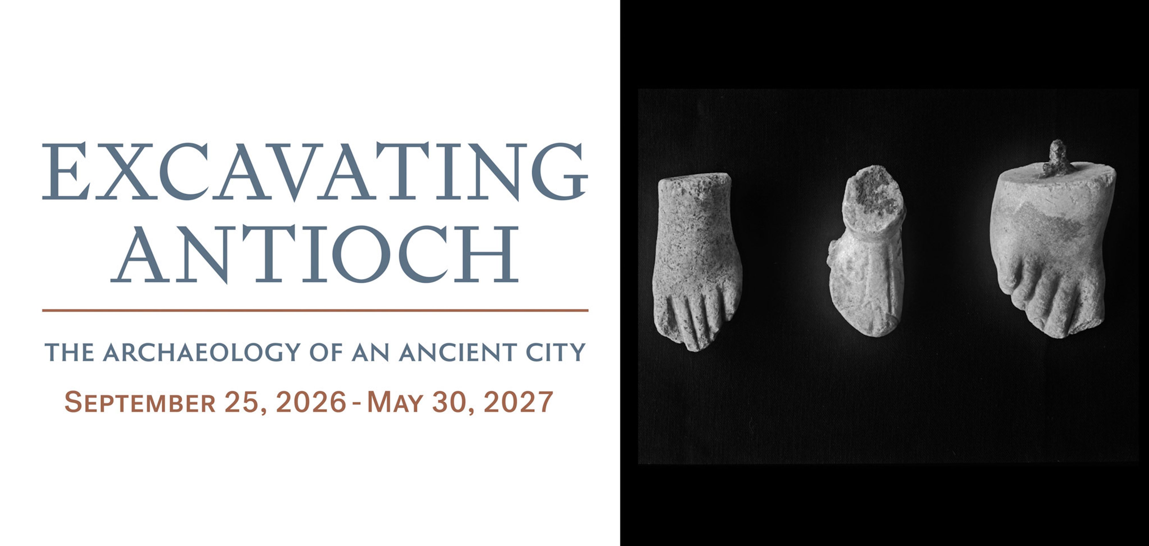 Exhibition title next to three grayish-white marble feet of varied sizes and shape against a black backdrop
