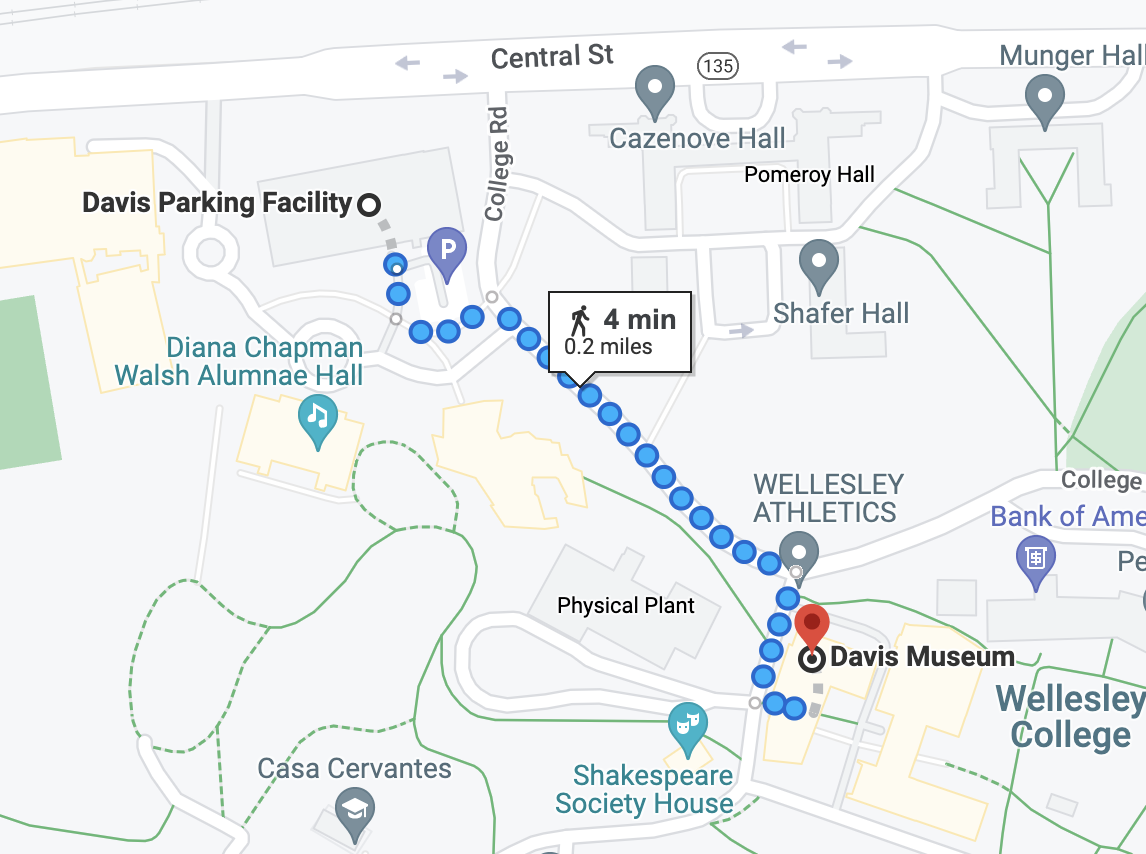 Map with walking directions from Davis Parking Facility to Davis Museum