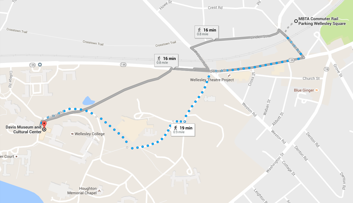 Map with walking directions from MTBA stop to Davis Museum