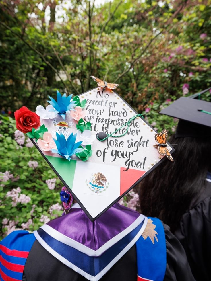 Decorated graduation cap that reads: no matter how hard or impossible it is, never lose sight of your goal