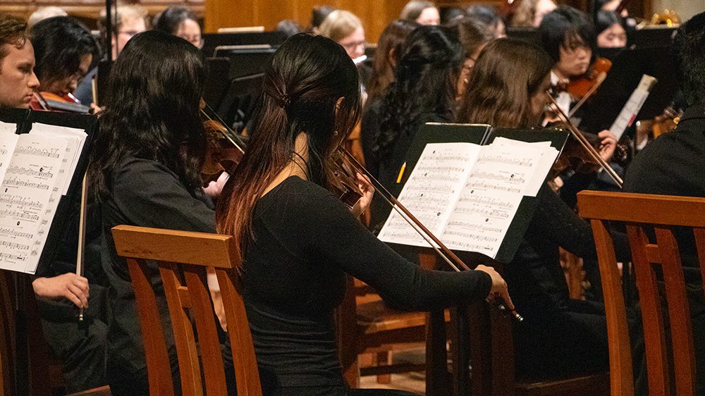 The violin section from behind with sheet music on stands