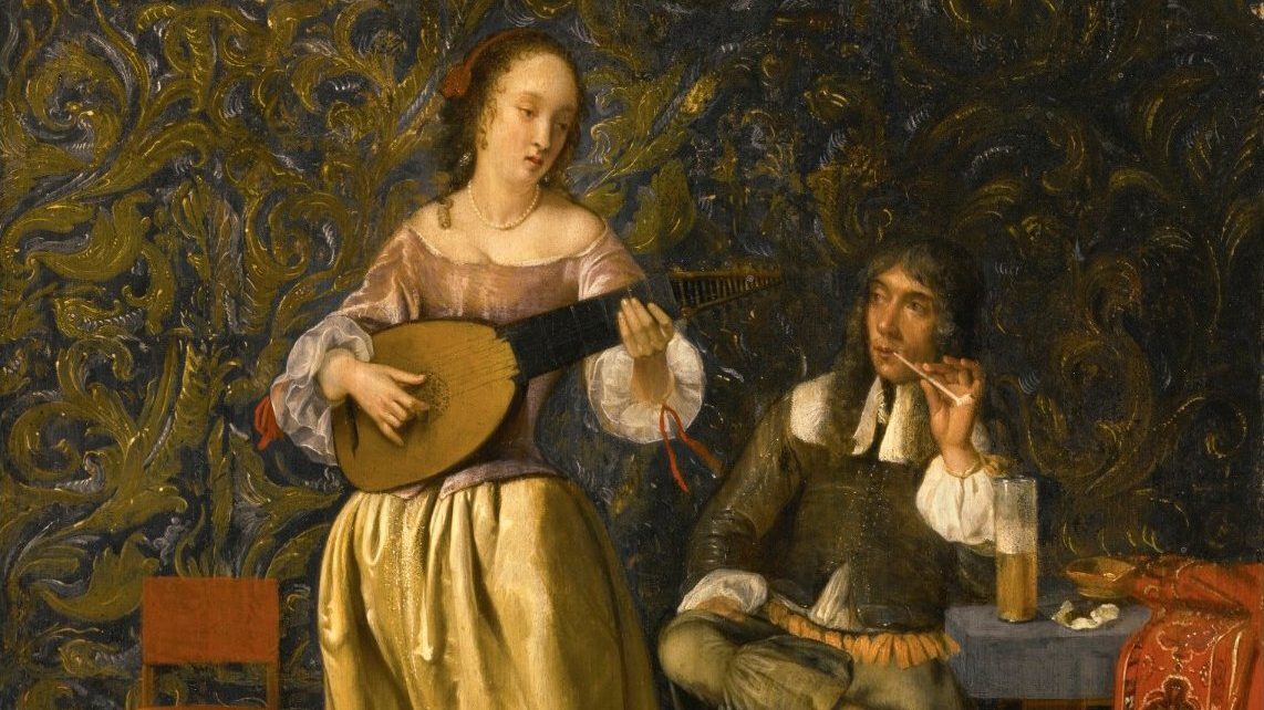 The painting "A Lady playing a Lute with a Gentleman seated at a Table in an Interior" by Dutch artist Eglon van der Neer.