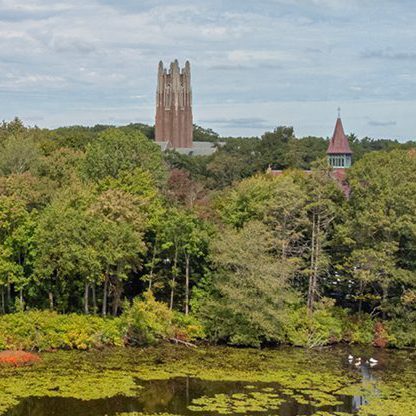 Galen Stone Tower as seen through the trees from the lake