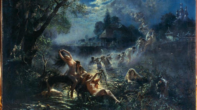 Mermaids in a moonlit landscape, dancing and playing in a river, with a church in the background