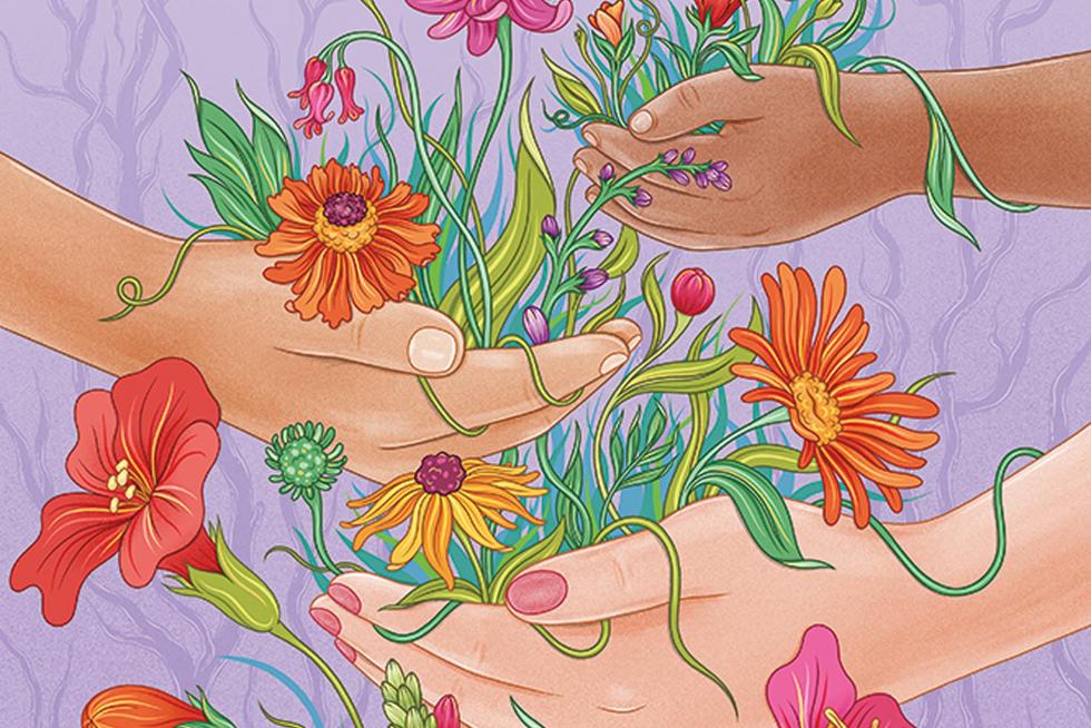 An illustration of hands of various skin tones cradling flowers, leaves, and grasses