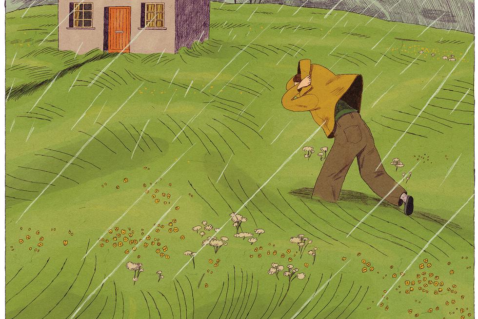 An illustration shows a figure running across a field through the rain toward a warmly lit cottage.