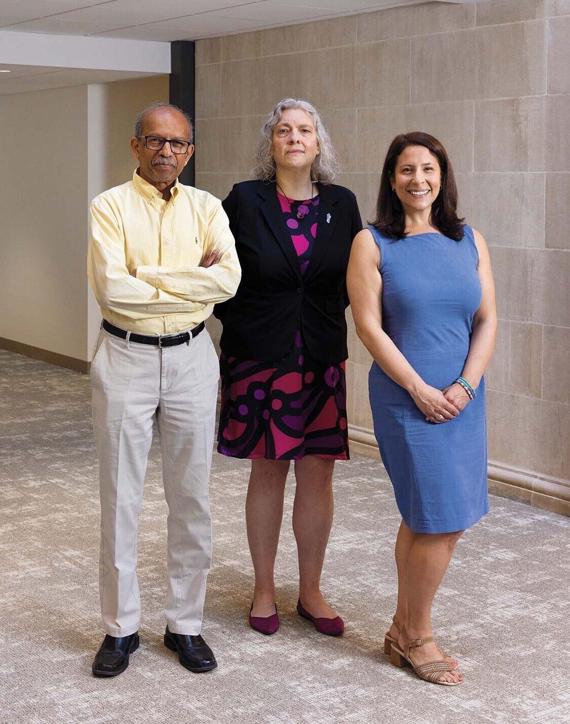 Library staff members Ravi Ravishanker, Jenifer Bartle, and Alexis Veigas. (Photo by Adam DeTour)