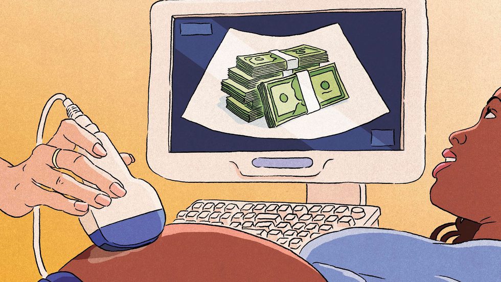 Illustration of a woman getting an ultrasound with stacks of money appearing on the ultrasound screen
