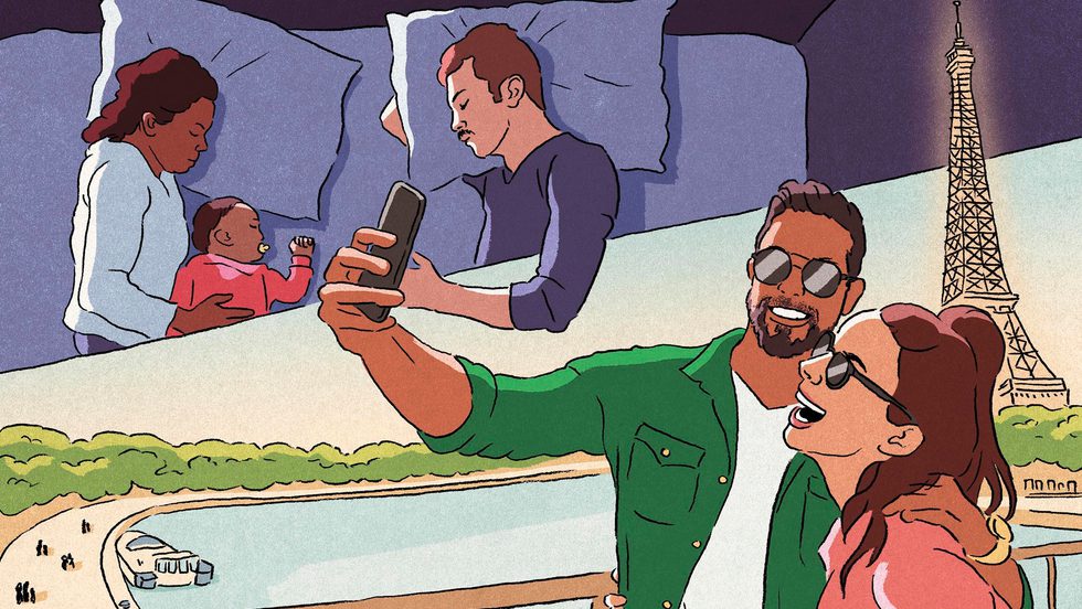 Illustration of parents dozing on a bed with their toddler next to a couple taking a selfie in Paris