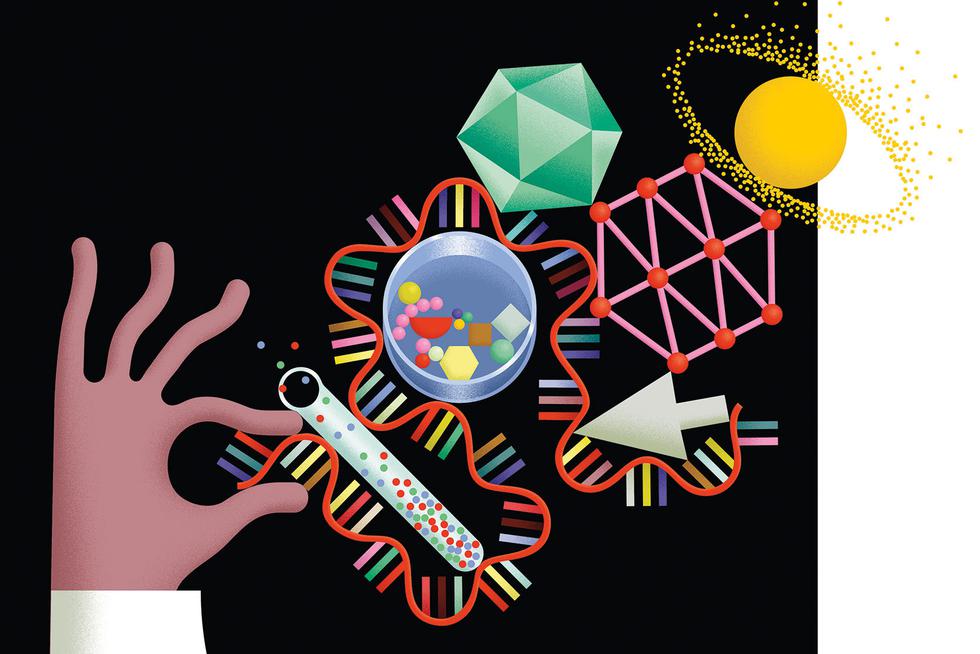 Colorful illustration of a hand holding a piece of RNA, a petri dish, and a planet with an asteroid ring