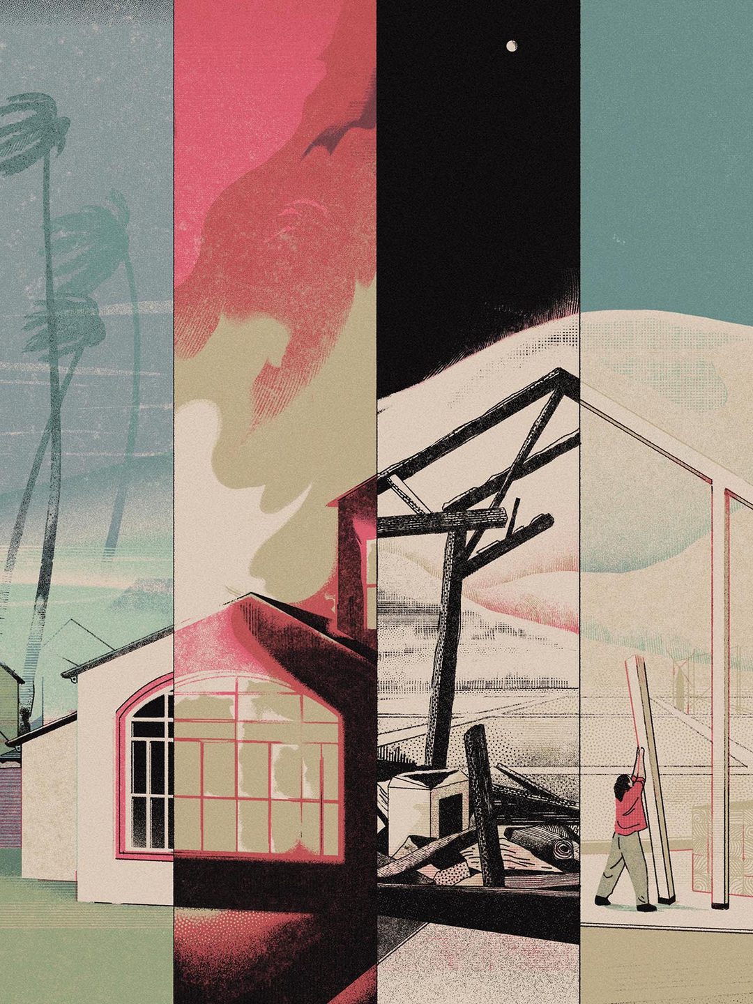 Illustration of a small house divided into four panels; in the first, it is intact on a sunny day; in the next section, it is in flames; in the third, it is a charred skeletal remains; in the fourth it is under construction.
