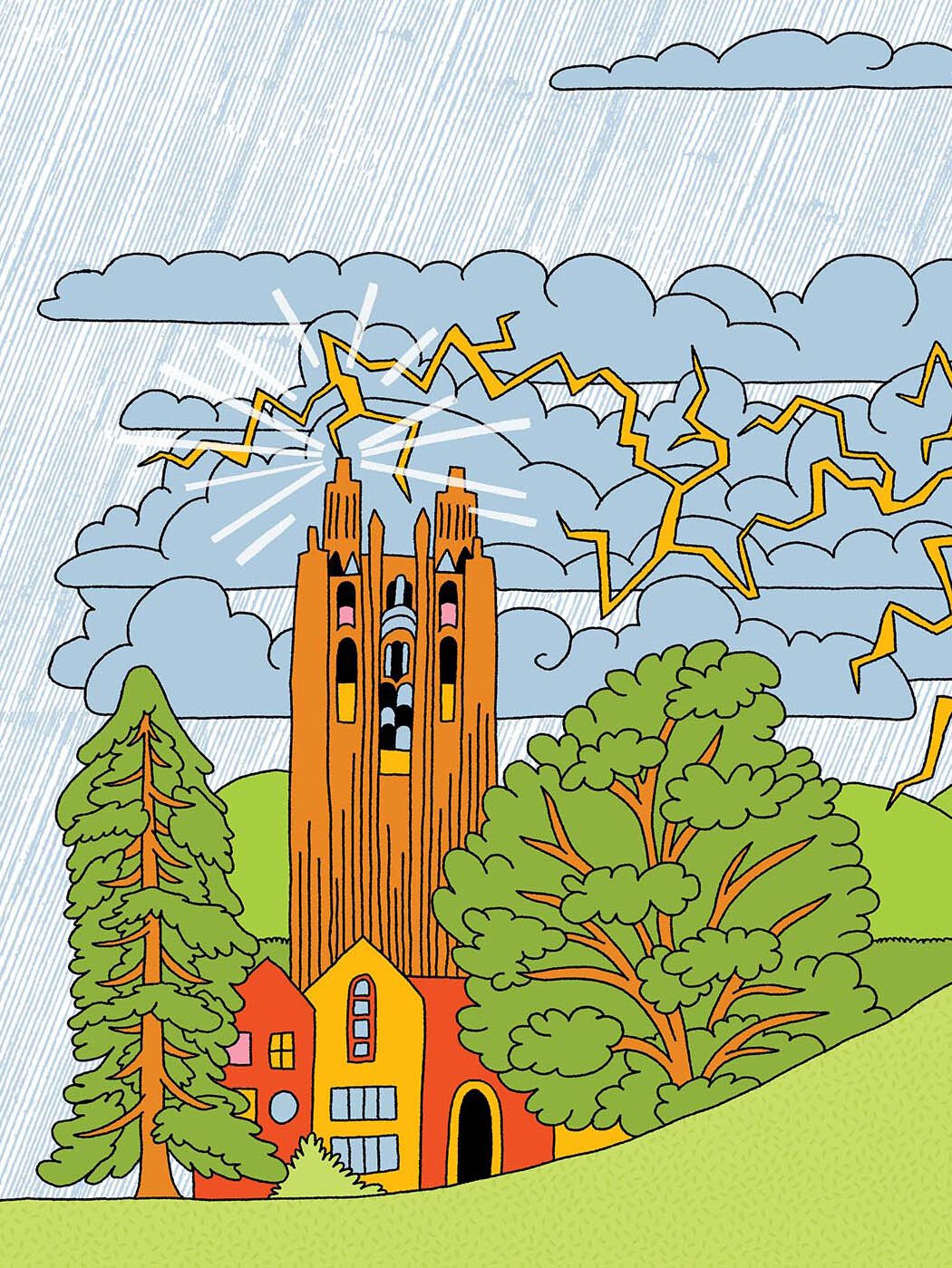 Illustration of a lightning bolt hitting Galen Stone Tower in Green Hall while two students looking on from Severance Hill wearing raincoats and carrying umbrellas are awed.