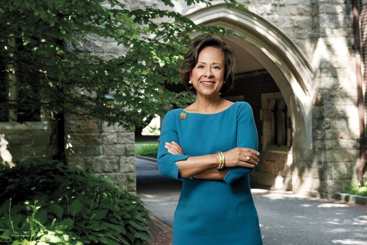 Photo of President Paula A. Johnson standing outside Green Hall