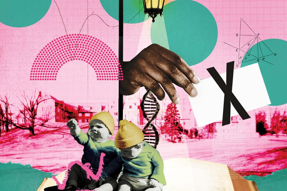 A collage of an open book with various images coming out of it: a Wellesley lamppost, a Black hand with a ballot, a baby with an arm oustretched, a strand of DNA