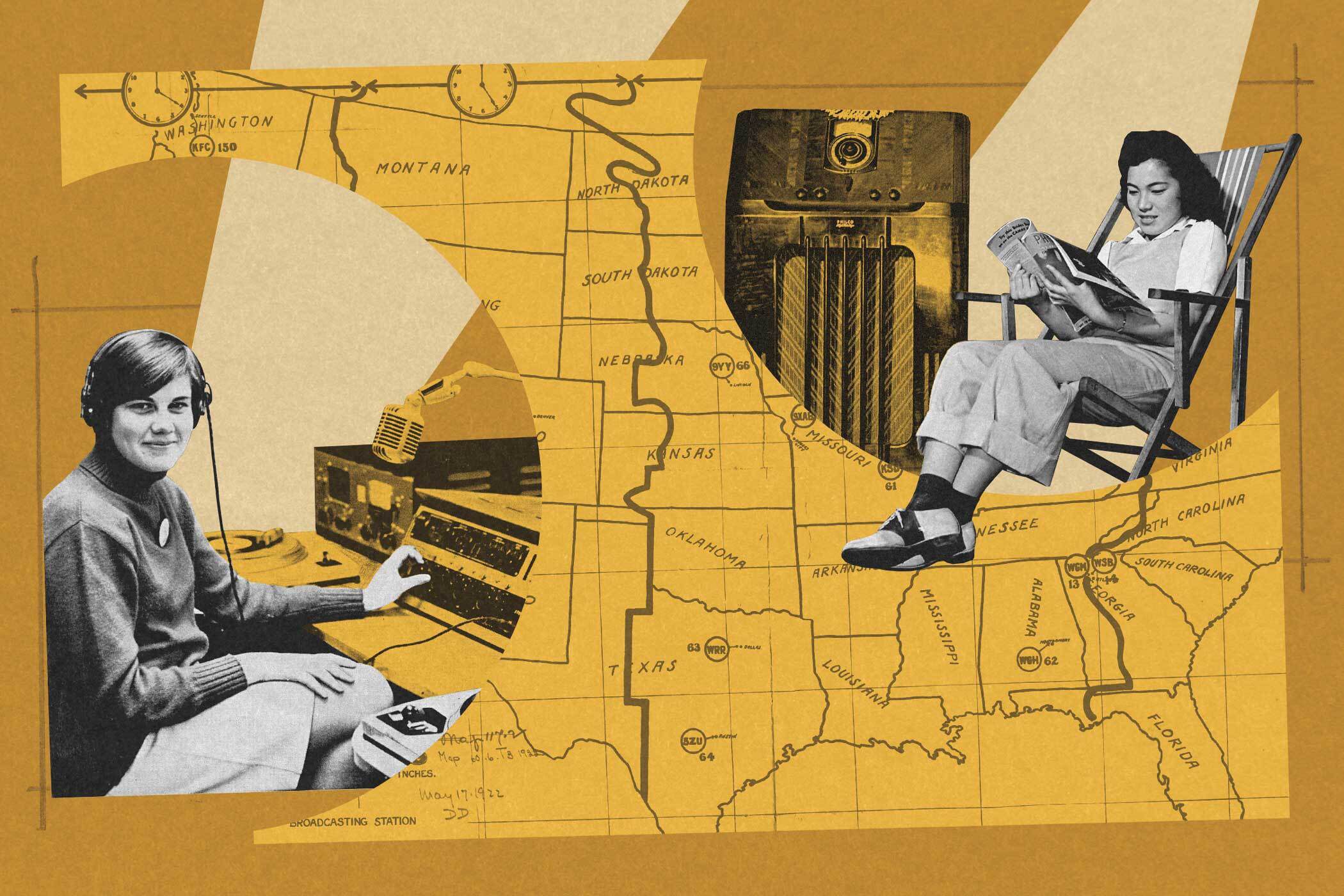 Collage including a map of the United States and a woman behind a microphone and another sitting next to a radio