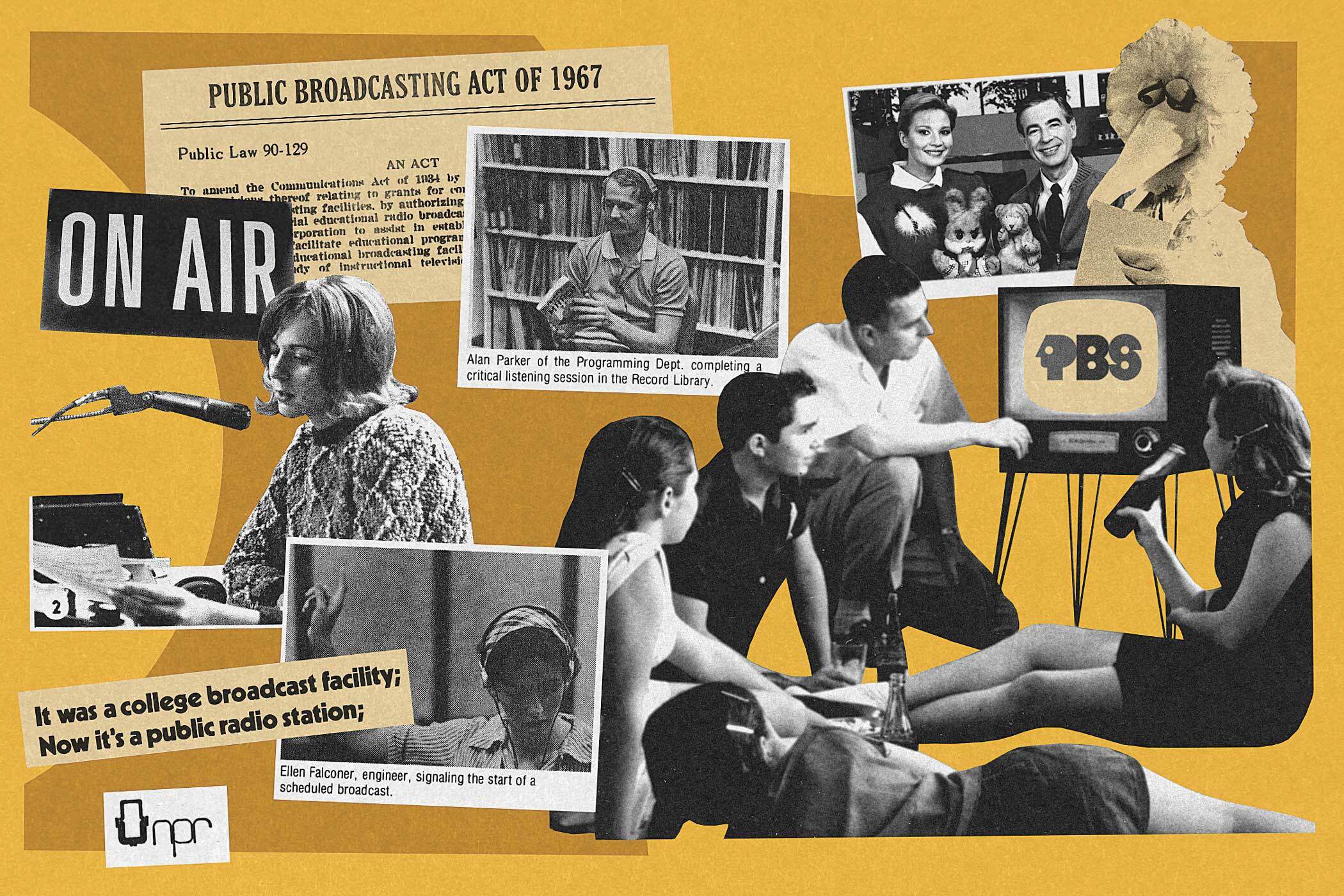 Collage of images related to public broadcasting, including an "On Air" sign, a PBS logo, an NPR logo, and a still from Mr. Rogers