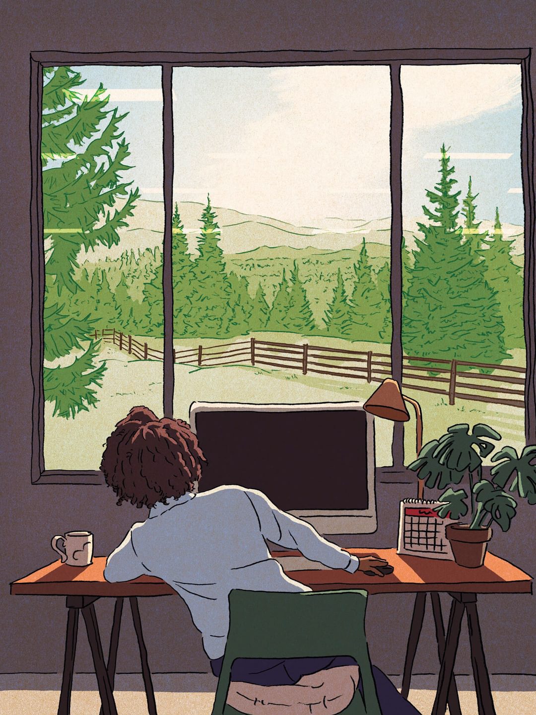 An illustration depicts a woman seated at a computer looking out at a beautiful landscape.