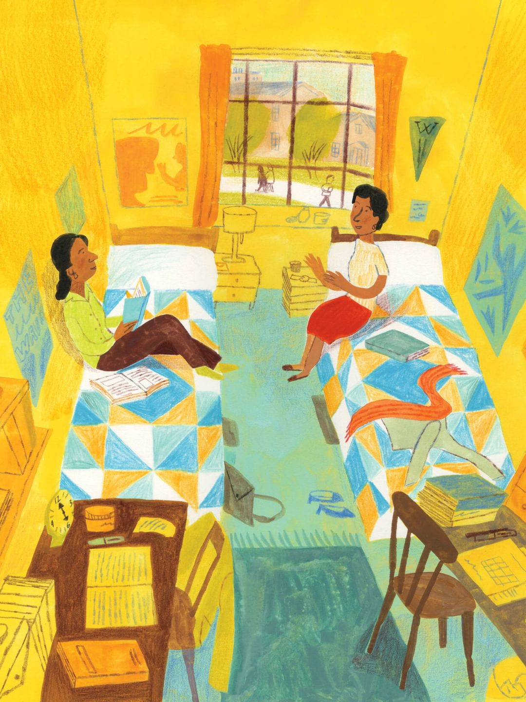 Illustration of two Black students in a cozy dorm room, talking while sitting on beds with matching bedspreads