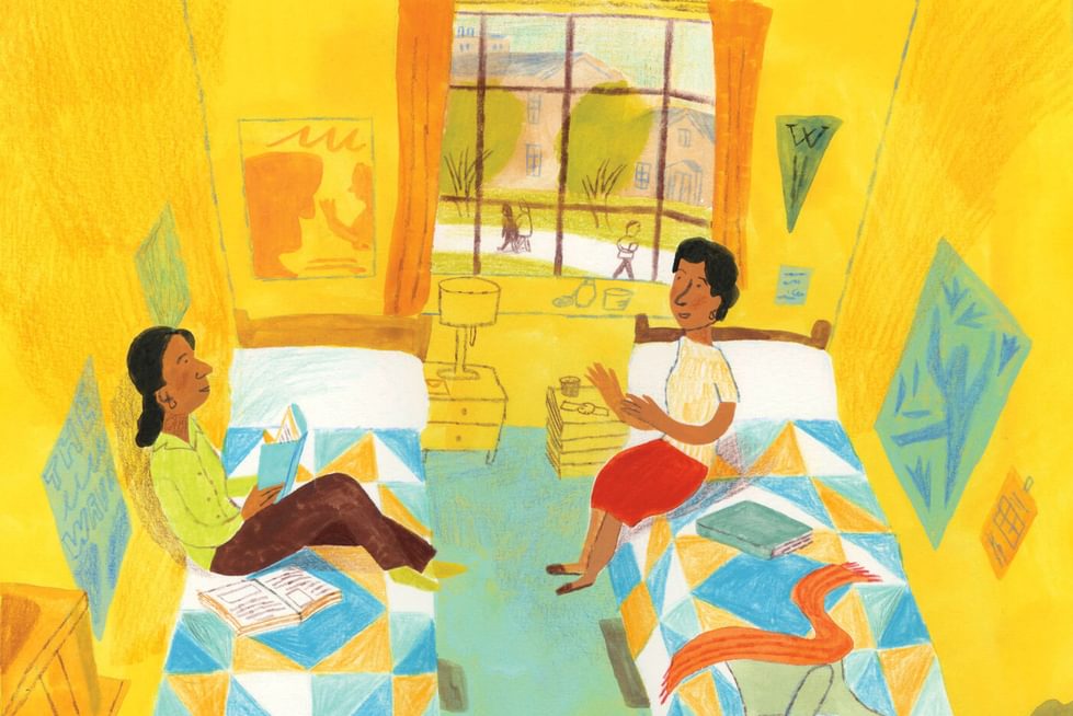 Illustration of two Black students in a cozy dorm room, talking while sitting on beds with matching bedspreads