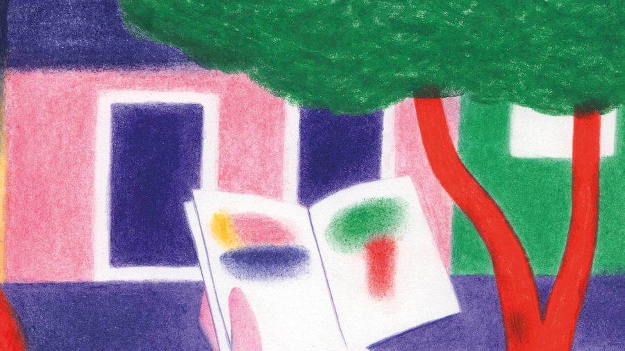 Illustration of a hand holding a sketchbook with a backdrop of colorful houses